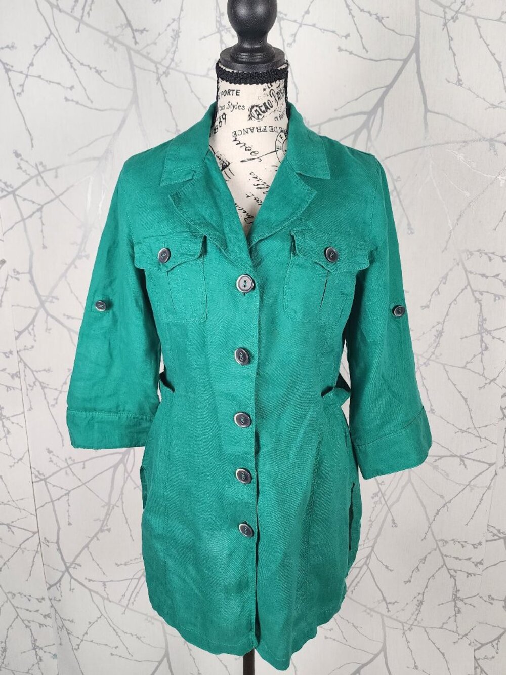 Olsen Kelly Green 100% Linen Button Front Utility Tunic